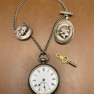 Sterling Silver Pocket Watch with Chain and Medallions